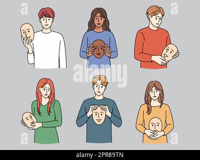 Set of unhappy people holding smiling masks in hands suffer from depression or mental problems. Sad men and women struggle with personality disorder. Stock Photo