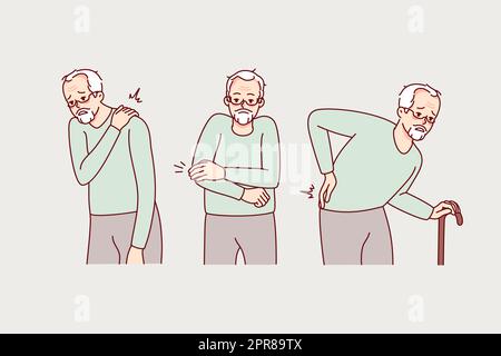 Unhealthy old man suffer from health problems. Unwell mature grandfather struggle with sickness or disease. Elderly healthcare and geriatrics. Vector Stock Photo