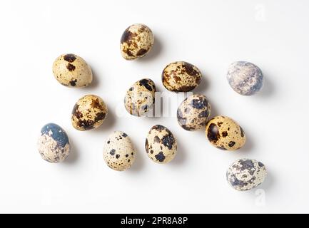Quail eggs placed on a white background Stock Photo