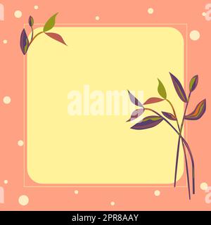 Frame With Leaves And Flowers Around And Important Announcements Inside. Framework With Different Plants All Over And Crutial Informations In. Floral Box With Recent Ideas. Stock Vector