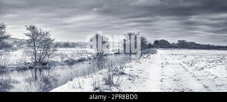 Gloomy monochrome winter landscape, snow covered fields with grey cloudy sky. Empty black and white frosted farmland and frozen river with pine trees. Snowfall in Scandinavia on greyscale background Stock Photo