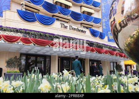 The Dorchester Hotel on Park Lane decorated for Kings Charles III's Coronation on May 6th 2023, in London, UK Stock Photo