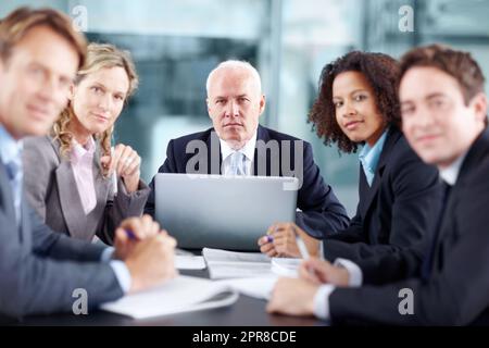 Only the determined succeed in business. Business executives sitting at a table during a meeting and using a laptop - portrait. Stock Photo