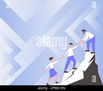 Thee Colleagues Climbing Upwards Mountain Reaching Success Presenting Teamwork. Partners Walking Up Peak Achieving Progress Presenting Combined Effort. Stock Vector