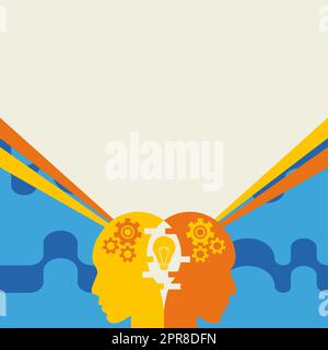 Creative Minds Combining Ideas Creating Innovative Strategies Displaying Teamwork. Heads With Cogwheels Representing Combined Effort Producing Advancement Plans. Stock Vector
