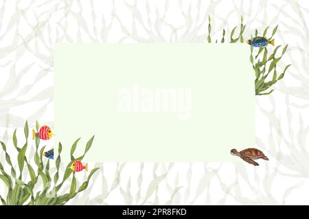 Watercolor frame in marine style isolated on white background. Fish, turtle, algae. Perfect illustration for postcard design, different invitation tem Stock Photo