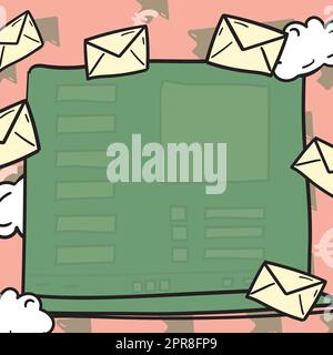 Composing Letter Idea, Listing Text Documents, Presenting Writing Tools, Selling Materials. Checklist Table Surrounded With Envelops And Clouds Stock Vector