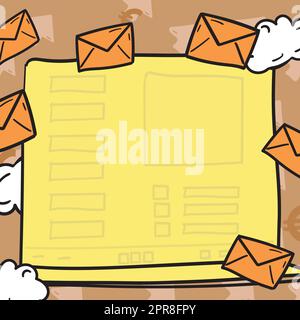 Composing Letter Idea, Listing Text Documents, Presenting Writing Tools, Selling Materials. Checklist Table Surrounded With Envelops And Clouds Stock Vector