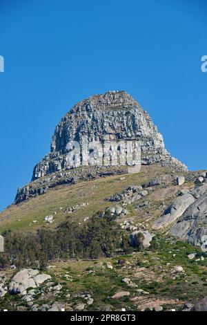 Lions Head mountain with a blue sky and copy space. Beautiful below view of Rocky Mountain peak covered in lots of lush green vegetation at a popular tourism destination in Cape Town, South Africa Stock Photo