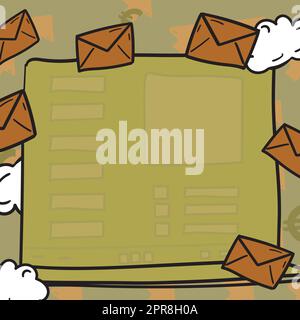 Composing Letter Idea, Listing Text Documents, Presenting Writing Tools, Selling Materials. Checklist Table Surrounded With Envelops And Clouds Stock Vector