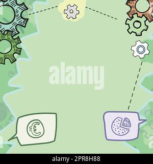 Illustration Of Mechanic Gears Connected To Each Other Performing Work. Drawing Of Cogwheels Attached On Sides Acting Alongside. Currency Signs And Pie Chart. Stock Vector