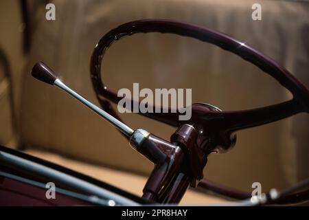 Steering wheel and lever on a vintage car Stock Photo