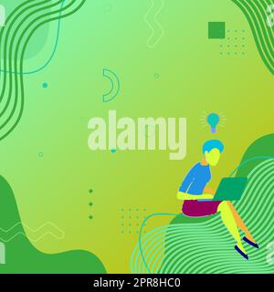Woman Sitting With Laptop Actively Accomplishing Work From Home With New Thoughts. Girl Busy Typing On Computer Brainstorming New Ideas Stock Vector