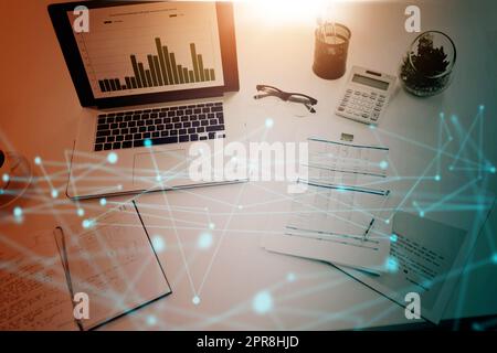 All set for auditing efficiency. High angle shot of a desk with various items on it in a financial company. Stock Photo
