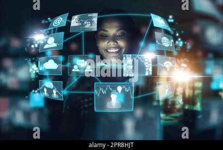 To be a success, start thinking of yourself as one. a young businesswoman using a digital tablet during a late night at work. Stock Photo