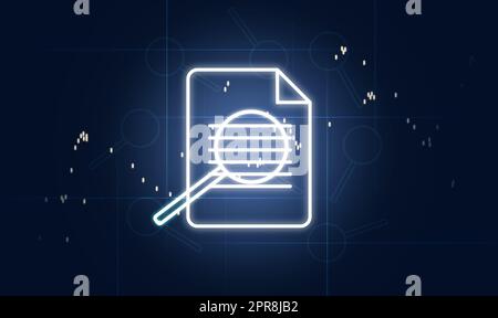 Document and magnifier icons on blue background. Data validation concept, control Stock Photo