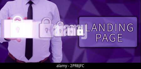 Conceptual display Landing Page. Business approach Website accessed by clicking a link on another web page Man With Smartphone Presenting Digital Locks For Cyber Security. Stock Photo