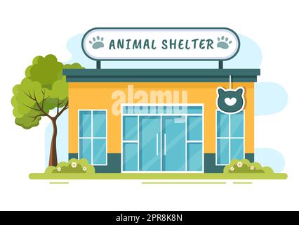 Animal Shelter House Cartoon Illustration Containing Animals for Adoption In Flat Hand Drawn Style Design Stock Photo
