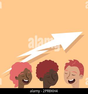 Colleagues Thinking Talking New Innovative Ideas. Three People Discussing Recent Updates. Zigsaw Shaped Pointing Arrow Above In The Sky. Stock Vector