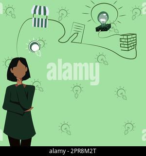 Woman Innovative Thinking Leading Ideas Towards Stable Future Financial Security. Lady Having Thought Process Planning Latest Strategies For Secure Life. Stock Vector