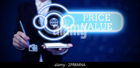 Text sign showing Price Value. Concept meaning strategy which sets cost primarily but not exclusively Businessman in suit holding tablet symbolizing successful teamwork. Stock Photo