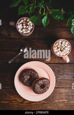 Homemade Chocolate Donuts and Hot Chocolate with Marshmallow Stock Photo