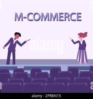 Text sign showing M Commerce. Internet Concept commercial transactions conducted electronically by mobile phone Male and female colleagues doing presentation on stage with hand gestures. Stock Photo
