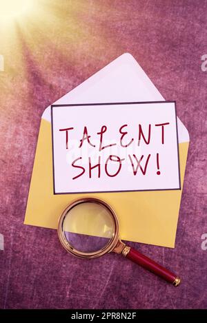 Hand writing sign Talent Show. Word for Competition of entertainers show casting their performances Thought Bubble With Envelope And Magnifying Glass Showing Crucial Message. Stock Photo