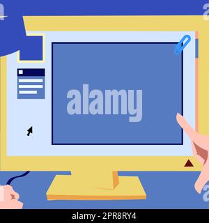 Hand Touching Screen Of Desktop Inside Web Browser Showing Recent Technology. Finger Tapping Laptop Screen Presenting Modern Automation. Stock Vector