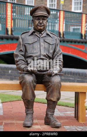 Bronze Statue of Dad's Army TV Character Captain Mainwaring played by Arthur Lowe in Thetford, Norfolk Stock Photo