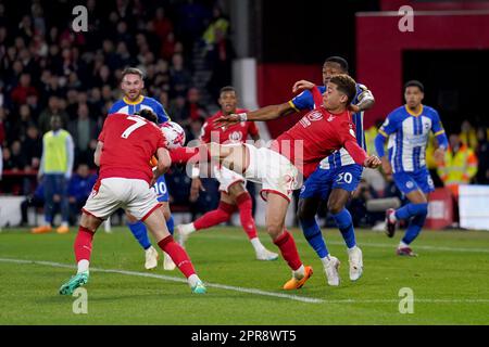 Nottingham Forest’s Brennan Johnson (right) makes contact with Nottingham Forest’s Neco Williams during the Premier League match at the City Ground, Nottingham. Picture date: Wednesday April 26, 2023. Stock Photo