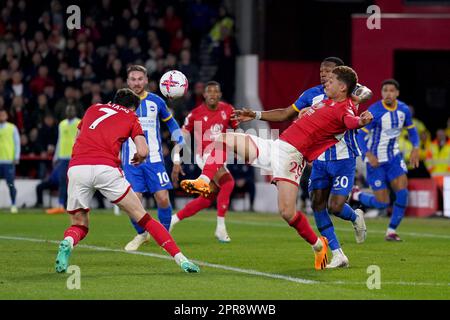 Nottingham Forest’s Brennan Johnson (right) makes contact with Nottingham Forest’s Neco Williams during the Premier League match at the City Ground, Nottingham. Picture date: Wednesday April 26, 2023. Stock Photo