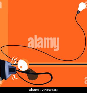 Robot Drawing Fixing Socket With Lightbulb In Corner. Robotic Man Taking Care Of Plug With Glowing Bulb On Side And Presenting Important Message. Stock Vector