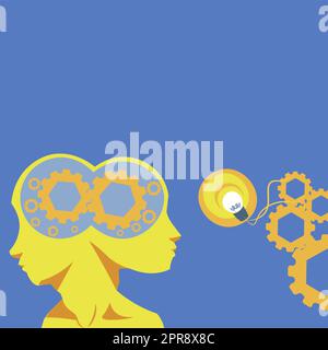 Two Heads With Cogs Showing Technology Ideas. Gears In Brain Symbols Design Displaying Mechanical And Technical Idea. Stock Vector