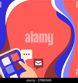 Finger Pressing Application Button Presenting Technological Advances Global Network Connection. Hand Using Mobile Opening Digital Representing Technology Development. Stock Vector