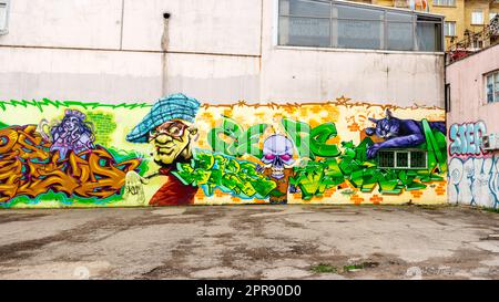 Street art mural Graffiti urban street art at a car park in downtown Sofia, Bulgaria, Eastern Europe, Balkans, EU Stock Photo