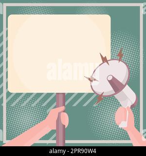 Illustration Of Hand Holding Megaphone Pointing At Blank Plaque In Hand. Palm Drawing Using A Bullhorn Giving Powerful Great New Advertisement. Stock Vector