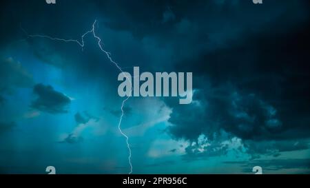 Lightning On Background Of Night Stormy Sky Before Rain. Cloudy Sky. Lightning Strike, Thunderbolt Stock Photo