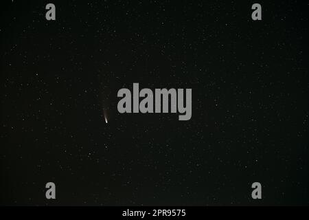 Comet Neowise C2020F3 In Night Starry Sky. Natural Night Sky Background Stock Photo