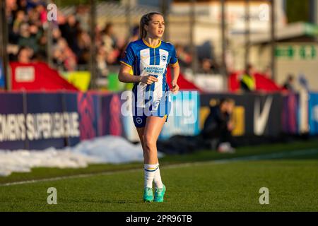 Crawley, UK. 19 April 2023. Poppy Pattinson during the Barclays WSL fixture between Brighton & Everton at Broadfield Stadium. Stock Photo