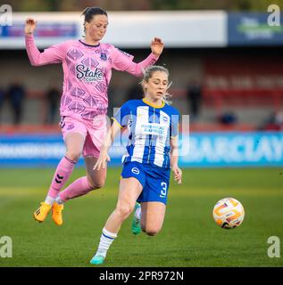 Crawley, UK. 19 April 2023. Poppy Pattinson during the Barclays WSL fixture between Brighton & Everton at Broadfield Stadium. Stock Photo