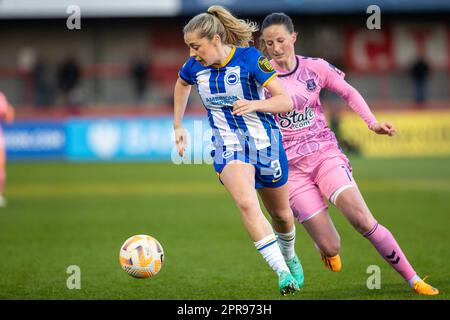 Crawley, UK. 19 April 2023. Poppy Pattinson during the Barclays WSL fixture between Brighton & Everton at Broadfield Stadium. Stock Photo