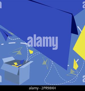 Open Box With Flying Paper Planes Presenting New Free Ideas. Exposed Crate Floating Origami Kites Towards The Sky Stock Vector