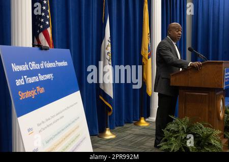 Newark, New Jersey, USA. 26th Apr, 2023. Newark Mayor RAS BARAKA, D-NJ, addresses a news conference at City Hall in Newark, New Jersey. Baraka and Lakeesha Eure announced the New Jersey Performinc Arts Center on the launch the City of Newark's Office of Violence Prevention and Trauma Recovery's (OVPTR) Strategic Plan. The OVPTR as a national model for pioneering deliberative solutions and policies to support the victims of crime and violence, to assist their recovery, and prevent such incidents from occurring. Its holistic and comprehensive approach to crime and violence treats it as a pub Stock Photo