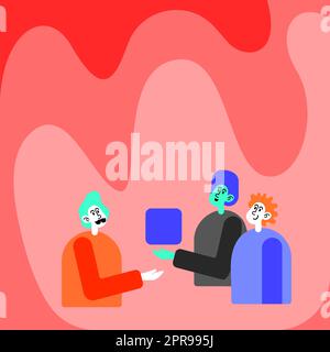 Three Colleagues Having Meeting Displaying Cube Representing Teamwork Discussing Future Project Ideas. Men Showing Innovative Thinking Building Partnership. Stock Vector