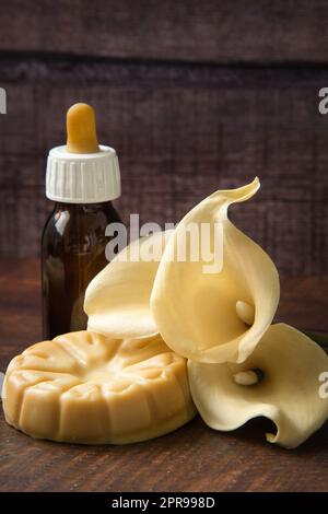 Spa items on dark wooden background and copy space. Spa atmosphere. Stock Photo