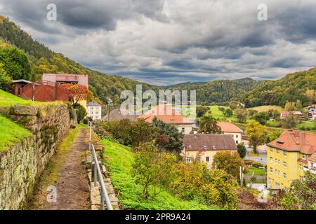 View over the city Königsstein to the Saxon Sandstone Mountains, Germany Stock Photo