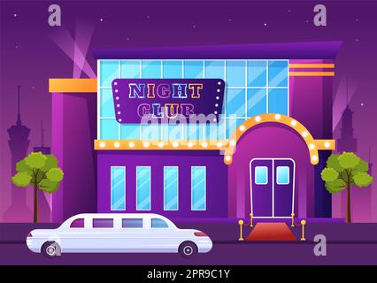 Night Club or Pub Building Cartoon Illustration for Nightlife like a Entertainment, Event and Disco Show Stock Photo