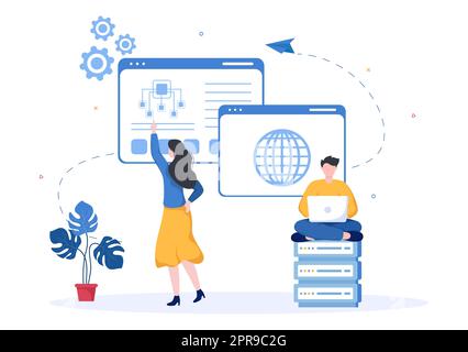 ISP or Internet Service Provider Cartoon Illustration with Keywords and Icons for Intranet Access, Secure Network Connection and Privacy Protection Stock Photo