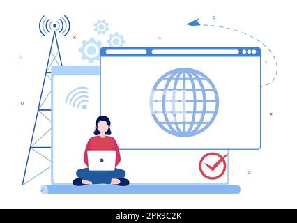 ISP or Internet Service Provider Cartoon Illustration with Keywords and Icons for Intranet Access, Secure Network Connection and Privacy Protection Stock Photo